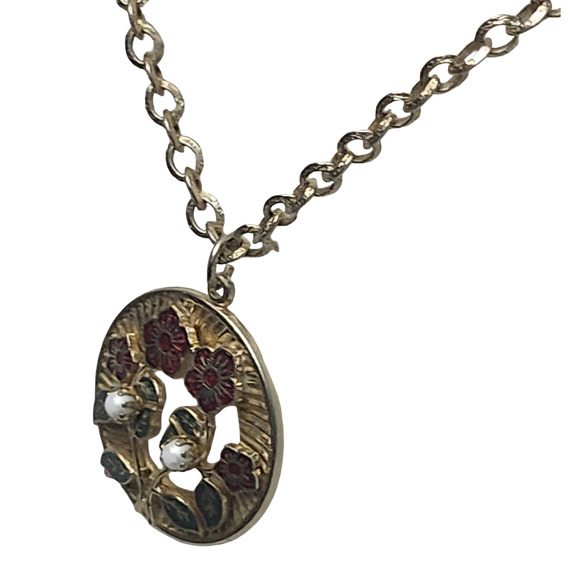 Vtg Emmons Signed Brass Cloissone  Faux Pearl Pendant Necklace - Picture 3 of 5